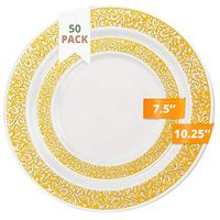 Party Joy 50-Piece Plastic Dinnerware Set | Lace Collection | (25) Dinner Plates & (25) Salad Plates | Heavy Duty Premium Plastic Plates for Wedding, Parties, Camping & More (White w/ Gold Lace)