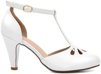 Chase & Chloe Kimmy-36 Women's Teardrop Cut Out T-Strap Mid Heel Dress Pumps (6.5 B(M) US, White Pat)