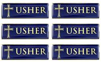Gold Tone and Blue Enamel Metal Magnetic Badge for Church Volunteer or Elder, 3 Inch (Pack of 6, Usher)