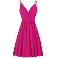 Shusuen Women's V-Neck Spaghetti Strap Summer Casual Swing Dress with Pockets Hot Pink