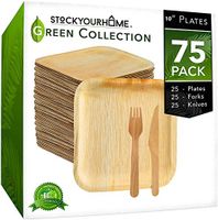 Eco Dinnerware Bamboo Like Palm Leaf Plates with Wooden Cutlery, 25 Square 10 Inch Plates with 25 Forks and 25 Knives, 75 Pieces