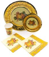 Holiday Thanksgiving Pumpkin Tableware Pack! Disposable Paper Plates, Napkins and Cups Set for 15 (With free extras)