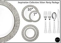 Royalty Settings Silver Inspiration Collection Lace Plastic Plates and Plastic Cutlery for 120 Persons, Includes 120 Dinner Plates, 120 Salad Plates, 240 Forks, 120 Knives, 120 Spoons, White/Silver
