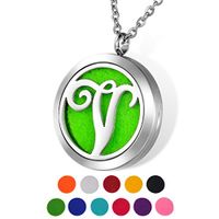 HOUSWEETY Aromatherapy Essential Oil Diffuser Necklace-Stainless Steel Locket Pendant,11 Refill Pads Letter V