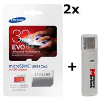 2 PACK - Samsung Evo Plus 32GB MicroSD HC Class 10 UHS-1 80mb/s Mobile Memory Card 32G MB-MC32DA with Adapter LOT OF 2 and USB 2.0 MemoryMarket dual slot MicroSD & SD Memory Card Reader