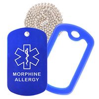 Morphine Medical Alert ID Necklace with Blue Tag, Blue Silencer, and 30'' USA Chain - 154 Color Choices