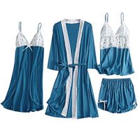 Viviplus 4PC Set Women's Satin Lace Camisole Bowknot Shorts Nightdress, Robe Pajamas Lingerie Simulation Plus Babydoll Nightie