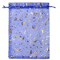 SUNGULF 100Pcs Sheer Organza Drawstring Pouches Stars and Moon Wedding Party Favor Jewelry Candy Gift Bags (6x9 inch, Blue)
