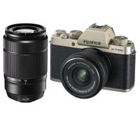 Fujifilm X-T100 Mirrorless Digital Camera, Champagne Gold with XC15-45mmF3.5-5.6 OIS PZ Lens XC 50-230mm (76-350mm) F4.5-6.7 OIS II Lens - Black