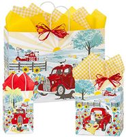 Sunflower Red Truck Gift Bags - Gift Bags with Tissue Paper | All Included Matching Gift Wrap | Assorted Sizes Small Medium Large | Summer Gift Bags Yellow Gingham (Sunflower RED Truck)