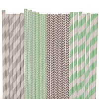 Biodegradable Paper Straws Mix, Mint Green Grey, Striped Chevron (25)