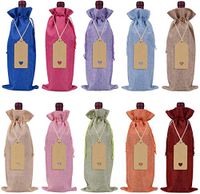 Keniot Burlap Wine Bags Wine Gift Bags with Drawstrings, Single Reusable Wine Bottle Covers with Ropes and Tags(10 Pcs)