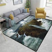 Lighthouse Home Bedroom Carpet Floor Mat, Island with Lighthouse Rocks Stormy Sea Crashing Waves Full Moon Beams, Easy Maintenance Area Rug Living Room Bedroom Carpet(3'x 8') Gray White Brown
