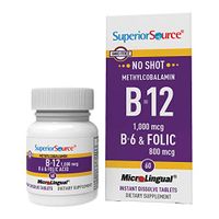Superior Source No Shot Vitamin B12 Methylcobalamin 1000 mcg Sublingual - B6 - Folic Acid - Instant Dissolve Tablets - Methyl B12 Supplement 60 Count