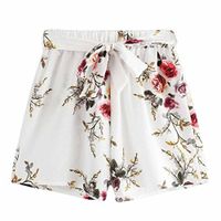 GREFER Women Print Casual Belt Loose Hot Pants Lady Summer Beach Shorts Trousers White