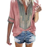 Amlaiworld Women Plus Size Blouse Top Fashion Ladies Deep V-Neck Print Half Sleeve Loose Tops Blouse T-Shirt Tee Tops Pink
