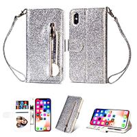 iPhone X Wallet Case iPhone Xs Case Cash with Card Holder Slot Pu Leather Zipper Wallet Case Cover Handbag for Apple iPhone (Glitter Silver, X/Xs 5.8 inch)