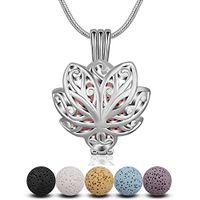 INFUSEU Lotus Flower Diffuser Necklace Aromatherapy Essential Oils Locket Pendant Jewelry with 5 PCS Lava Rock Stone for Women set
