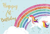 Laeacco 1st Birthday Party Photography Background 7x5ft White Unicorn with Colorful Rainbow Cartoon Clouds Children Adult Portrait Blue Texture Backdrop