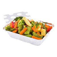 16 oz Rectangle Silver Aluminum Take Out Container - Polka Dot Paper Lid - 7 1/4" x 5 1/4" x 2" - 50 count box - Restaurantware