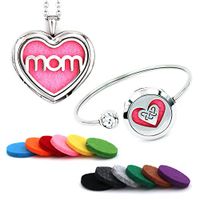 KiKi Aroma Mother's Day Collection - 2PCS Essential Oil Diffuser Necklace & Bangle | Stainless Steel Aromatherapy Perfume Set | 24 Multi-Color Refill Pads | 2 Velvet Gift Bags | Love Mom & Heart