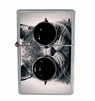 Funny Hipster Cat Flip Top Oil Lighter R1 Smoking Cigarette Silver Case Included