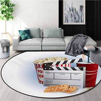 Movie Theater Modern Machine Washable Round Bath Mat,Soda Tickets Fresh Popcorn and Clapper Board Blockbuster Premiere Cinema Non-Slip Living Room Soft Floor Mat,Round-71 Inch