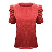 Eoeth Blouse Shirts for Women Fashion Long Sleeve Solid Sequin Stand Collar Puff Sleeve Tops Pullover T-Shirts Tracksuits Red