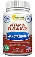 Vitamin D3 with K2 Supplement - 180 Chewable Tablets, Max Strength D-3 Cholecalciferol & K-2 MK7 to Support Healthy Bones, Teeth, Heart - Antioxidant D 3 & K 2 MK-7 Energy Formula for Men and Women