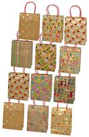 Christmas Gift Bags, Kraft with Foil Hotstamps, 12 Pack