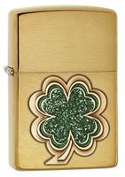 Zippo Four Leaf Clover Emblem Pocket Lighter, Brushed Brass