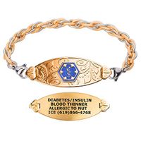 Divoti Custom Engraved Medical Alert Bracelets for Women, Stainless Steel Medical Bracelet, Medical ID Bracelet w/Free Engraving – PVD Gold Lovely Filigree Tag w/Inter-Mesh Gold/Silver-TP Blue-7.0"