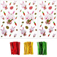 Boao 100 Pieces Easter Cellophane Bags Happy Easter Bunny Treat Party Bags Goodies Bags with 150 Pieces Twist Ties for Easter Party Supplies