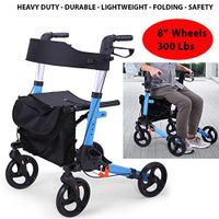 300 Lbs Heavy Duty & Folding Rollator Walker with 8" Deluxe Wheel Medical Rolling Walker with Seat and Bag Aluminum Transport Chair, Mobility Aid for Adult, Elderly and Handicap