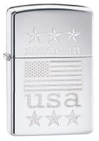 Zippo Made in USA with Flag Pocket Lighter, High Polish Chrome