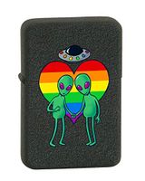 Hat Shark Aliens Holding Hands Flying Saucer Rainbow Heart LGBT Pride KGM Thunderbird Vintage Lighter - Black Crackle