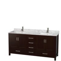 Wyndham Collection Sheffield 72 inch Double Bathroom Vanity in Espresso, White Carrara Marble Countertop, Undermount Square Sinks, and No Mirror