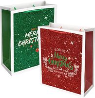 UNIQOOO 12 Pack Large Merry Christmas Holiday Gift Bags Paper Tote -4 Glitter Designs Gold Silver Red Green for Christmas Presents – Perfect for Wrapping Stocking Stuffers, New Year Party Favors