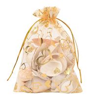 PH PandaHall 100pcs 5x7 Inches Heart Printed Goldenrod Organza Bags Jewelry Pouch Bags Organza Drawstring Pouches Wedding Favors Candy Gift Bags Valentine's Day