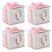 50 PCS Cute Baby Footprint Wedding Party Candy Confetti Gift Favor Box Holder with Ribbon Satin Pink