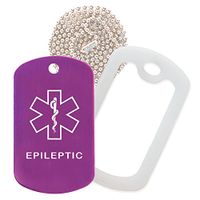 Epileptic Medical Alert ID Necklace with Purple Tag, Clear Silencer, and 30'' USA Chain - 154 Color Choices