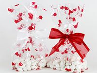 Red & White Hearts Cellophane Treat/Party Favor Bags with Red & White Twist-Tie Organza Bow. Set of 10 Ready-to-Use, Gussetted 11x5x3 Goodie Bags with Bows. Red, White