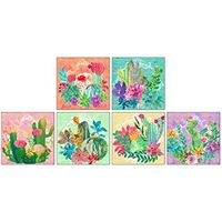Decorative Matches 6 Square Box Set- Strike Strip on Side of Box- Colored Match Tips- Wooden Matches (Watercolor Cactus)