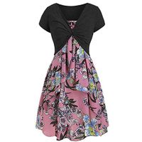 Womens Floral Print Midi Dresses Short Sleeve Bow Knot Bandage Suit Summer Casual Cover Ups Straps A-Line Mini Tshirt Dress Loose Swing Flowy Pleated Floral Sun Dress