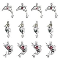 12pcs Mixed Dolphin Seahorse Fish Hollow Pearl Beads Cage Pendant Locket Pendant Jewelry Making Supplies-for Oyster Pearls, Essential Oil Diffuser (C)