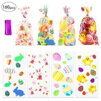 Cosweet 160 Pieces Clear Easter Cellphone Bags with Ribbon-Rabbit Carrot Eggs Printed Cellophane Bag for Candy Goody Treat Gifts