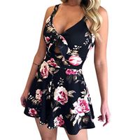 Euone Womans Romper Clearances, Women Summer Floral Print Sleeveless V Neck Bow Sexy Vintage Jumpsuit Playsuit