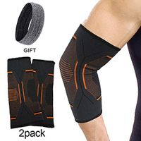 Fitness Elbow Brace, IULONEE Compression Tennis Elbow Sleeves 2 Packs Arm Recovery Supportive Brace Reduce Joint Pain for Tendonitis Arthritis Bursitis Golfer + Sports Sweatband (L, Orange)