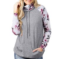 Women Autumn Casual Sweatshirt Long Sleeve Hooded Drawstring Floral Print Pullover Tops with Pockets Gray