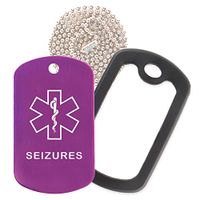 Seizures Medical Alert ID Necklace with Purple Tag, Black Silencer, and 30'' USA Chain - 154 Color Choices